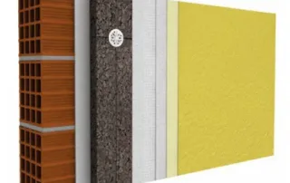 Esquema en 3D de un sistema de aislamiento térmico exterior por capas tipo SATE, con soporte cerámico, aislamiento, malla y revestimiento final