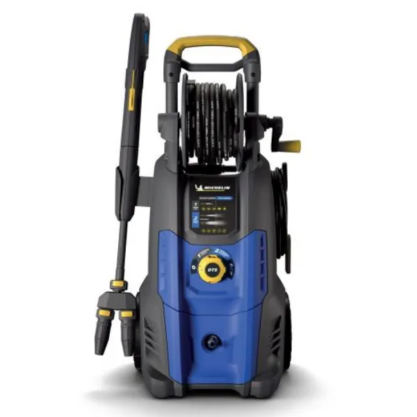 Front view of Michelin MPX27DTS 160B 2700W electric pressure washer with hose reel and lance