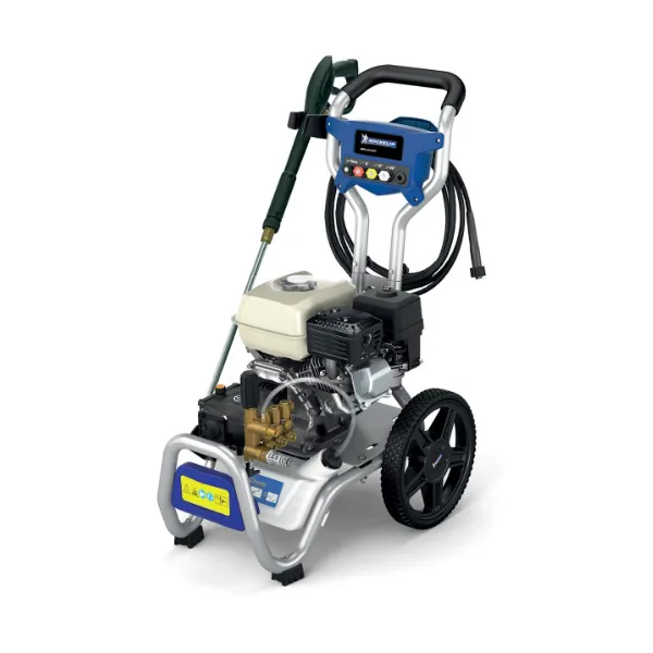 Front view of Michelin MPX240TLA 240B 6HP petrol pressure washer with hose reel and spray gun