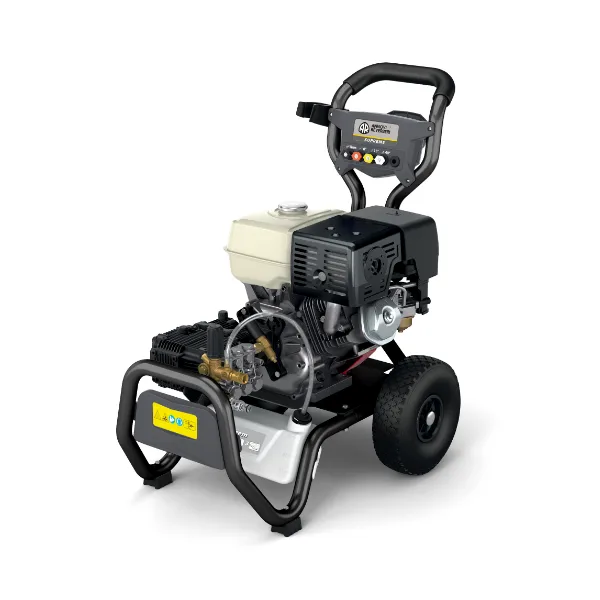 Angled view of Michelin SUPREME 90 280B petrol pressure washer with large wheels and robust frame