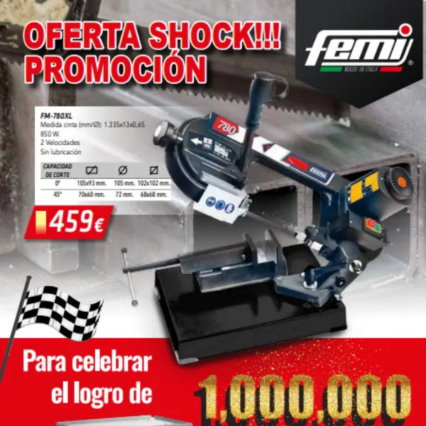Catálogo promociones Femi 2025 con equipos de corte de metal y taladros de columna