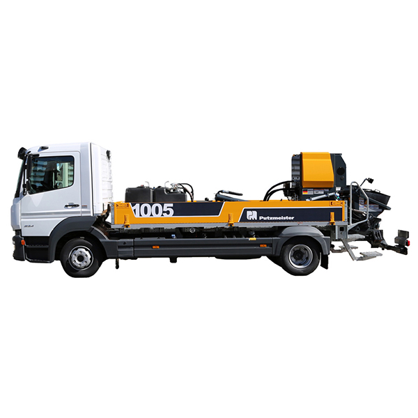 Side view of Putzmeister BSF 1005 MOLI concrete pump mounted on truck